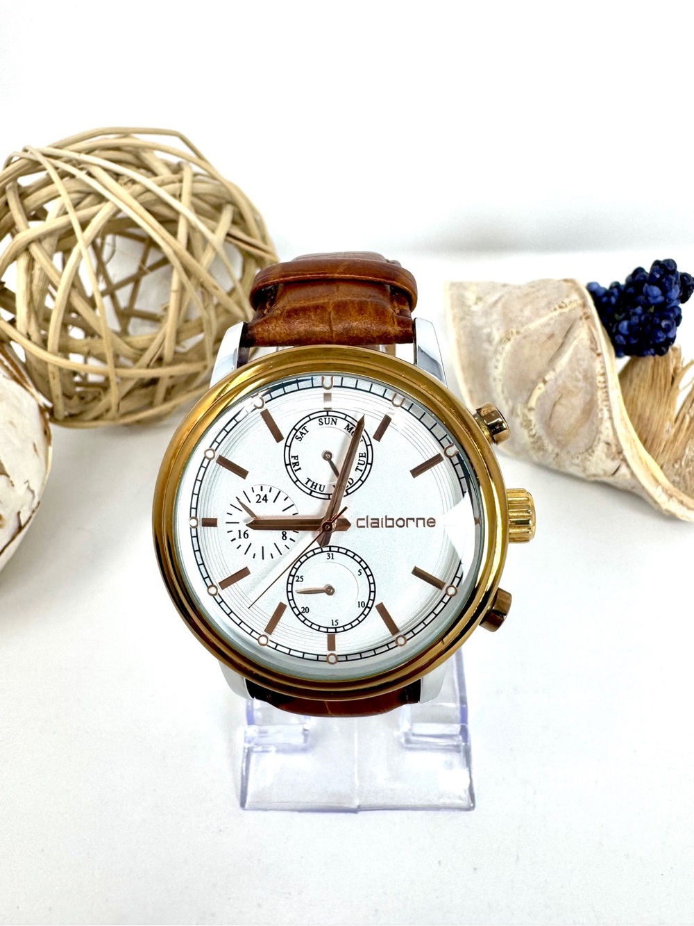 Claiborne Men's Multi-Function Quartz Watch –Two Tone Brown Leather- New Battery